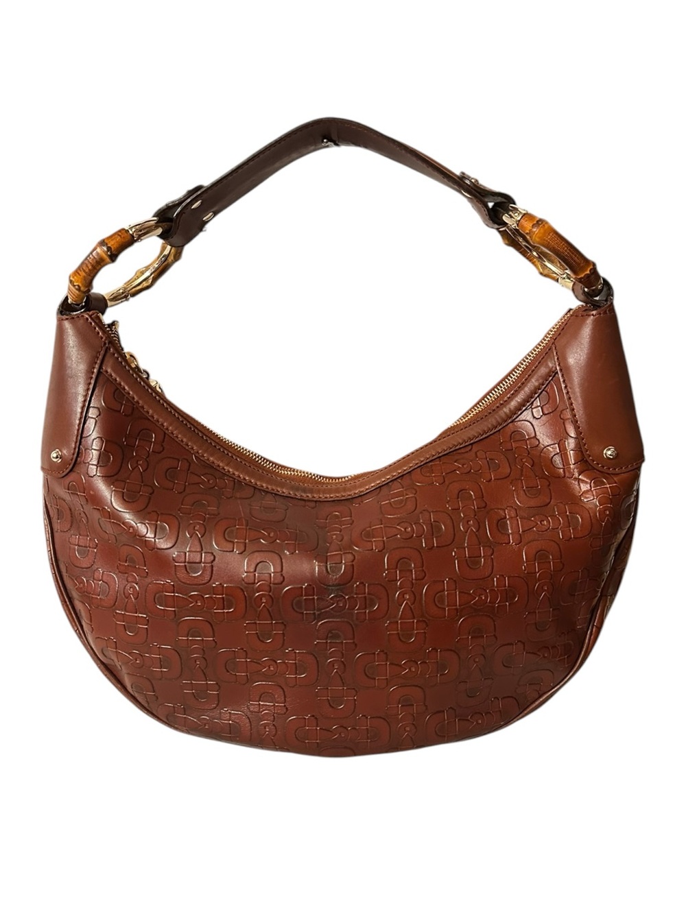 Gucci Rich Brown Horsebit Embossed Leather Shoulder Hobo Bag Bamboo-Ring Detail - Picture 5 of 17